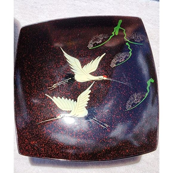 Set Of 2 Lacquer Square Plate Dishes Omachang Double Flying Crane Bamboo Asian - Picture 6 of 7